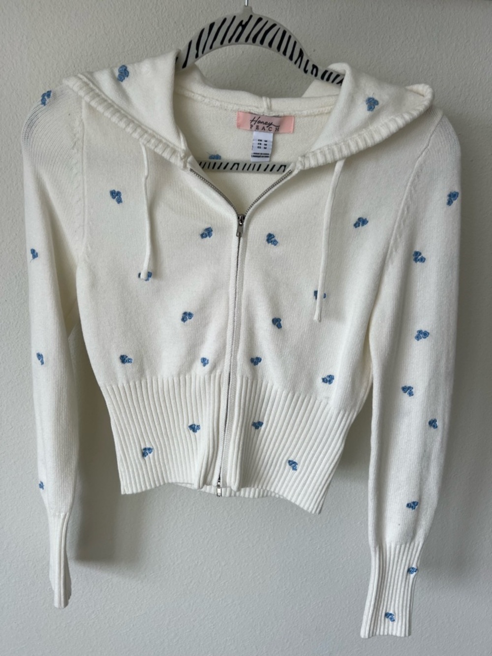 Embroidered Floral Zip-Up Hoodie Sweater Cream Blue
